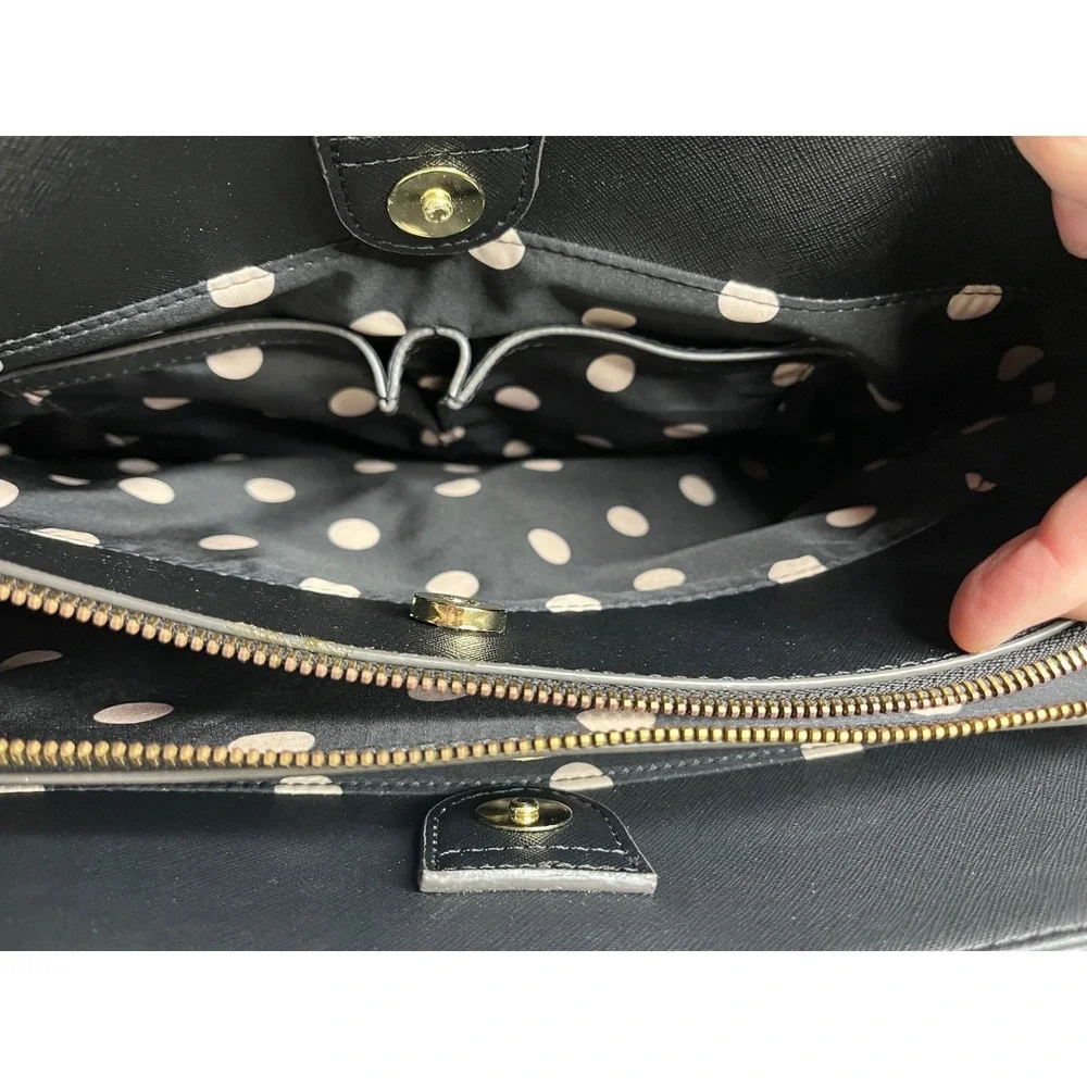 Anne Klein Black Faux Leather Tote Bag Polka Dot Lining Gold HW Satchel Purse